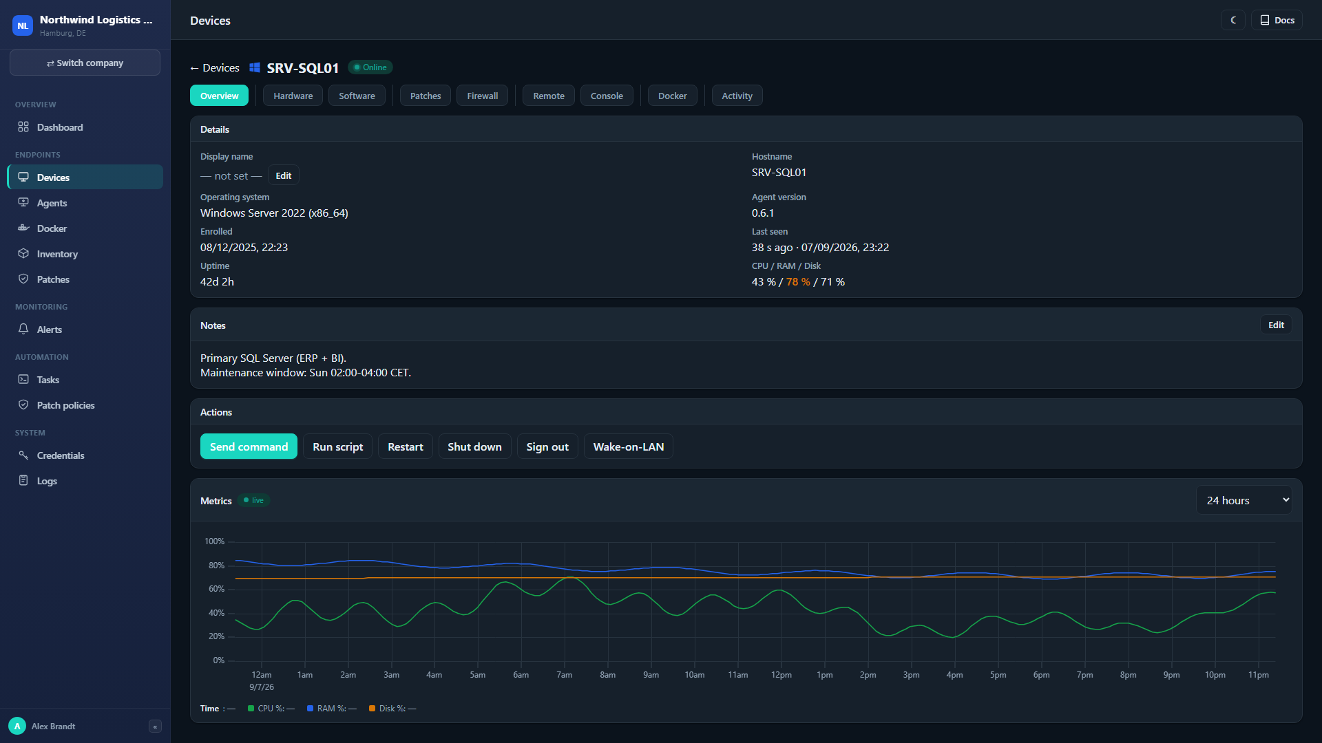 Device detail with metric history charts