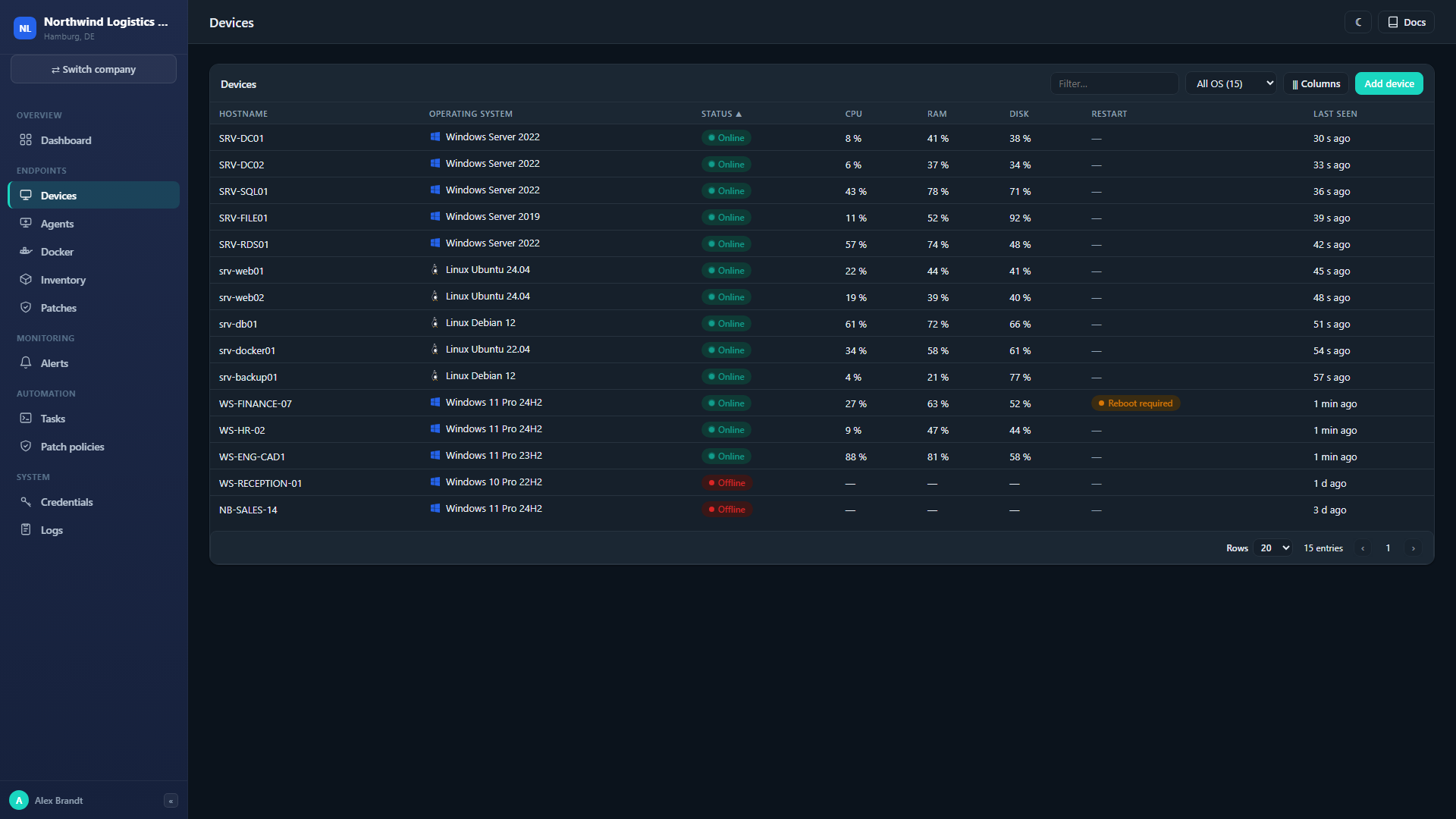 Device list with live status and metrics